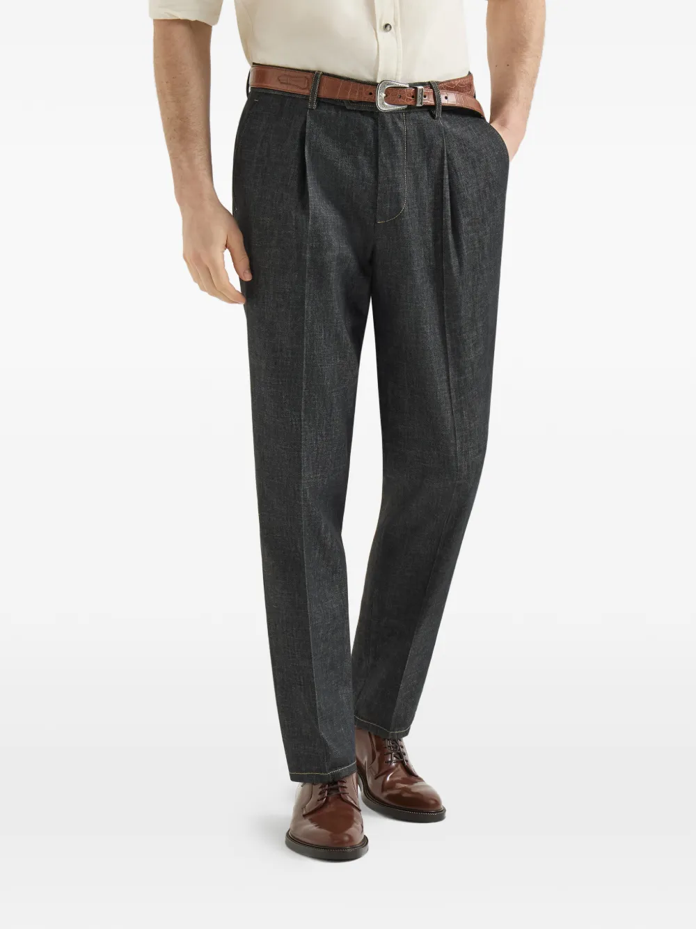 Brunello Cucinelli Lichtgewicht denim broek met plooien Blauw