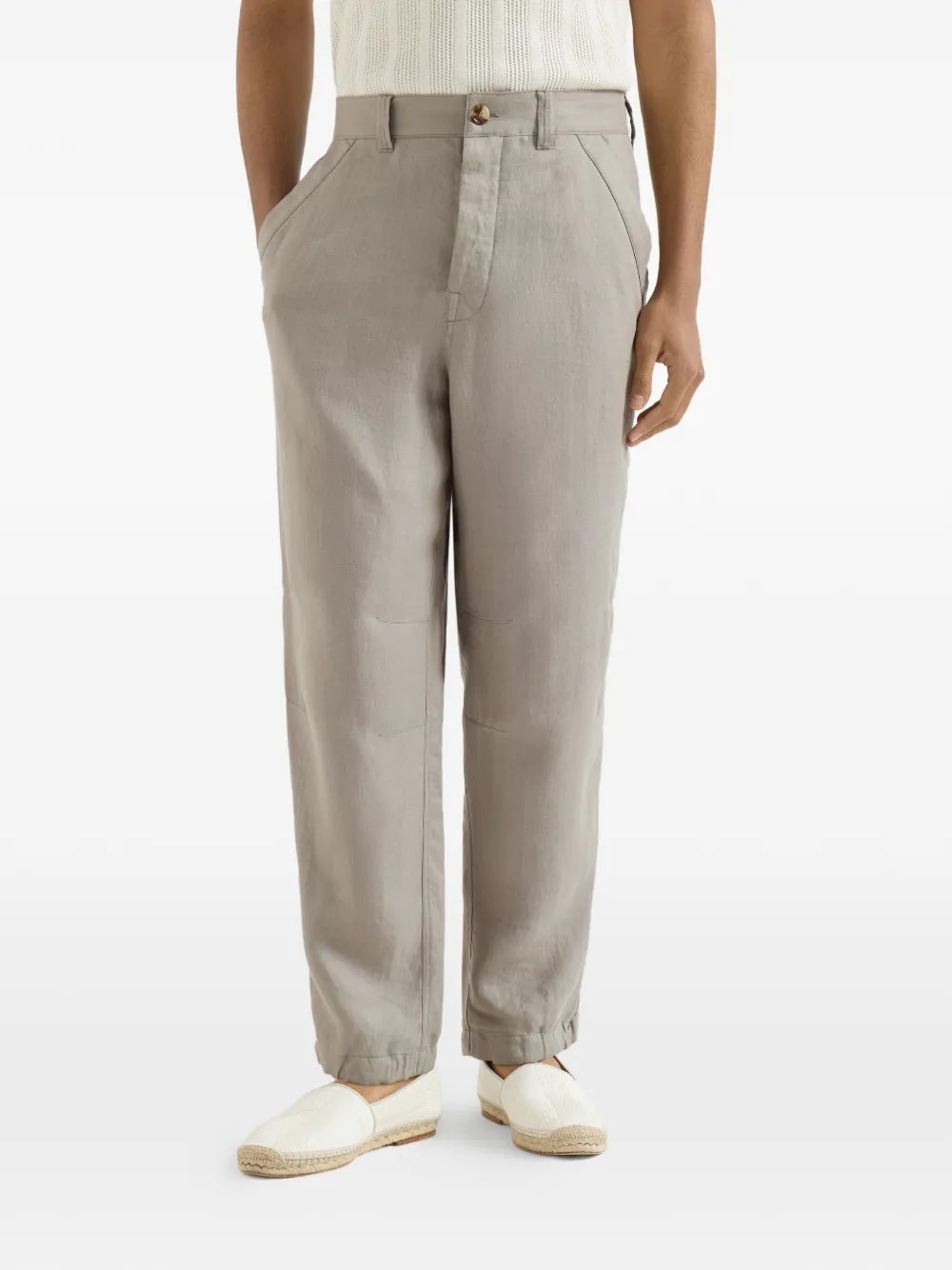 Brunello Cucinelli Linnen broek met trekkoord en chevron streep Beige