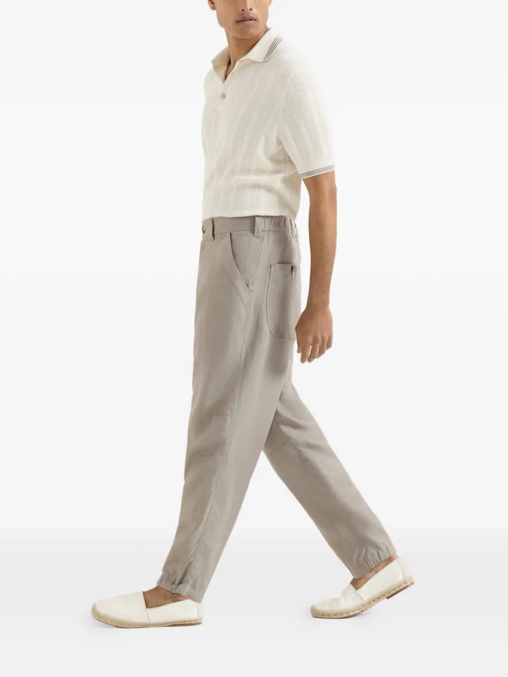 Brunello Cucinelli Linnen broek met trekkoord en chevron streep Beige
