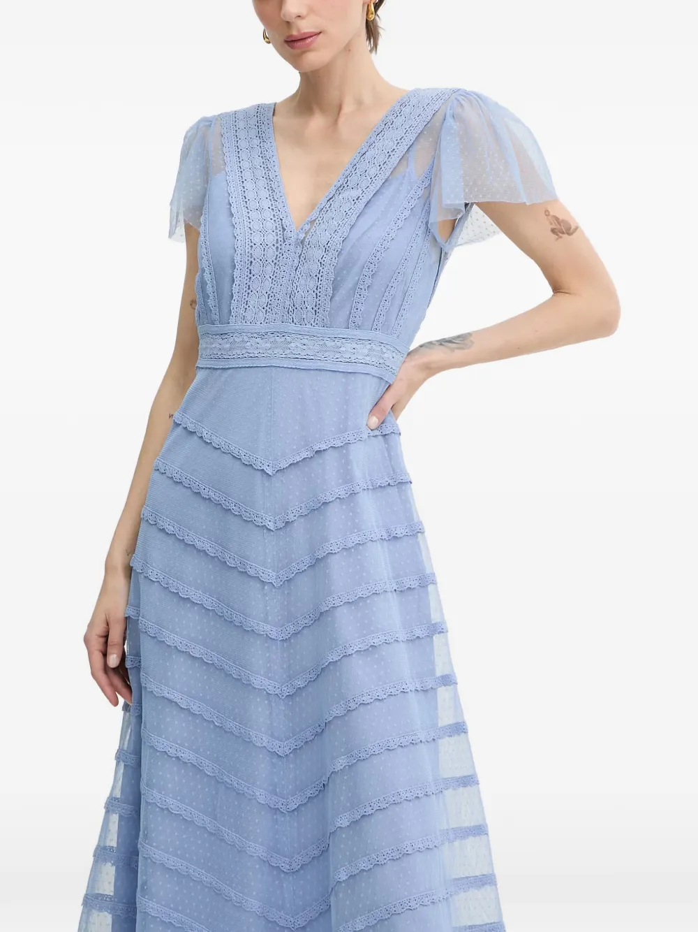 LUISA SPAGNOLI Prontezza lace-trimmed tiered midi dress - Bleu LUISA SPAGNOLI Prontezza lace-trimmed tiered midi dress - Bleu
