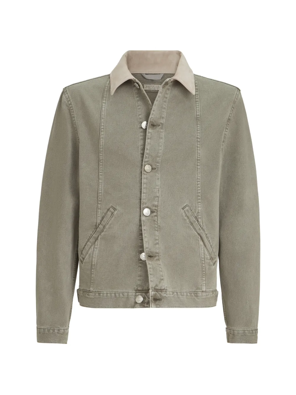 Brunello Cucinelli garment-dyed outerwear jacket in denim with leather collar - Grün