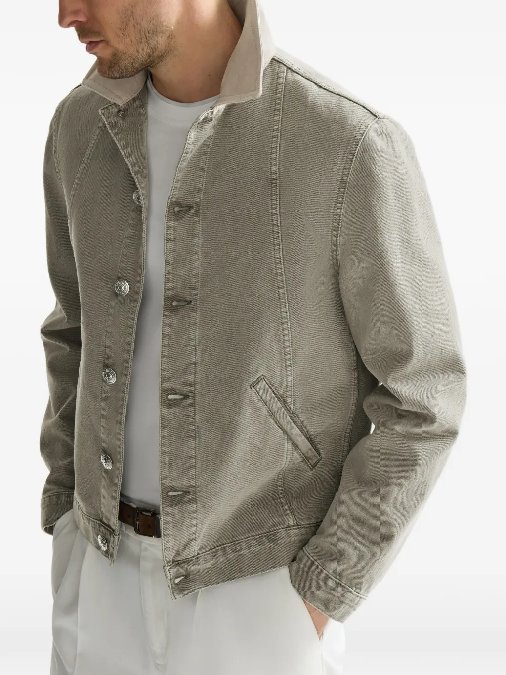 Brunello Cucinelli Denim jas met leren kraag Groen