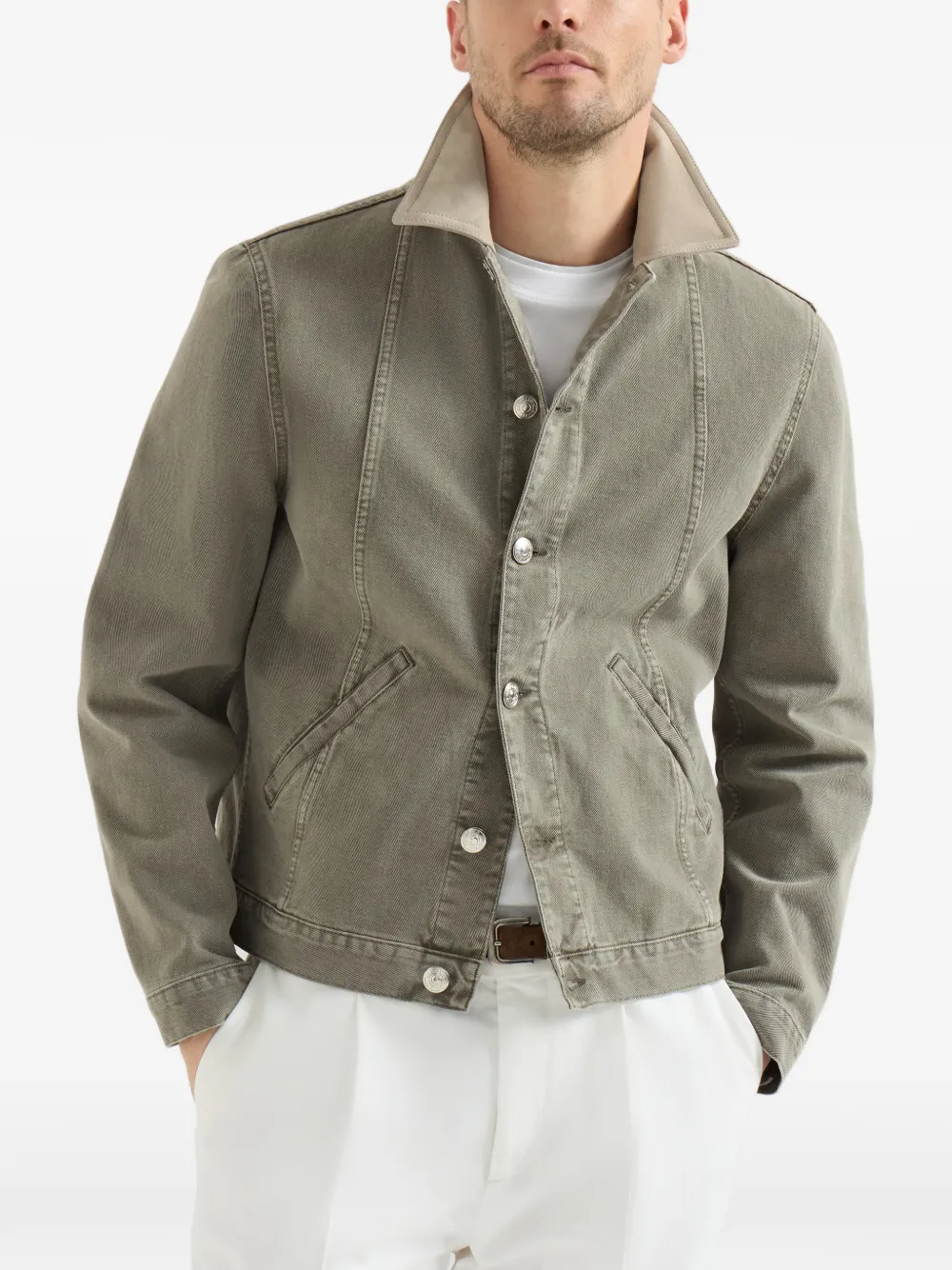 Brunello Cucinelli Denim jas met leren kraag Groen