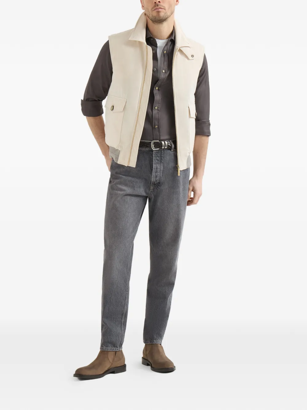 Brunello Cucinelli Western overhemd met chevron-streep en geverfd effect Bruin