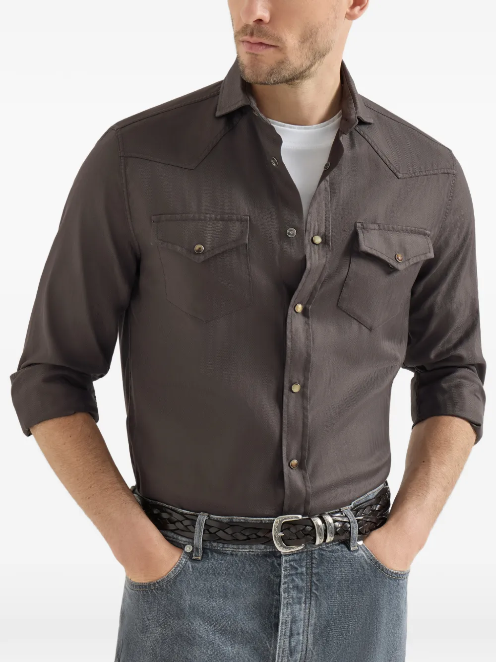 Brunello Cucinelli Western overhemd met chevron-streep en geverfd effect Bruin