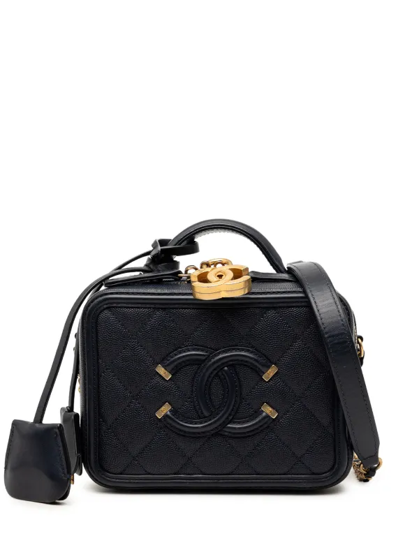 Chanel Pre-owned 2018 Small Caviar CC Filigree Vanity Case Satchel in Blue