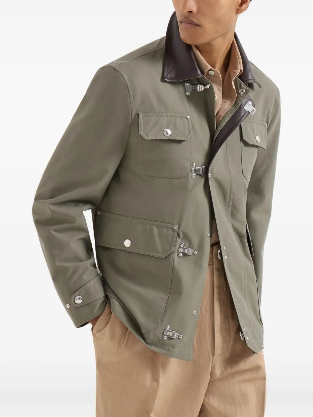Brunello Cucinelli Waterbestendig techno katoenen gabardine jack met leren inzetstukken en haaksluiting Groen