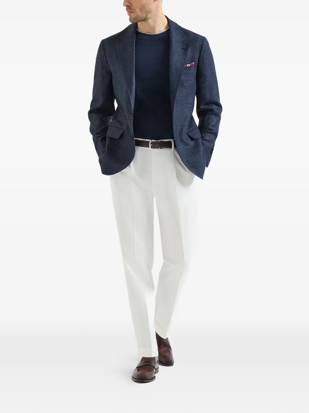 Brunello Cucinelli Prince of Wales gedecontrueerde blazer van wol- zijde- en linnenblend Blauw