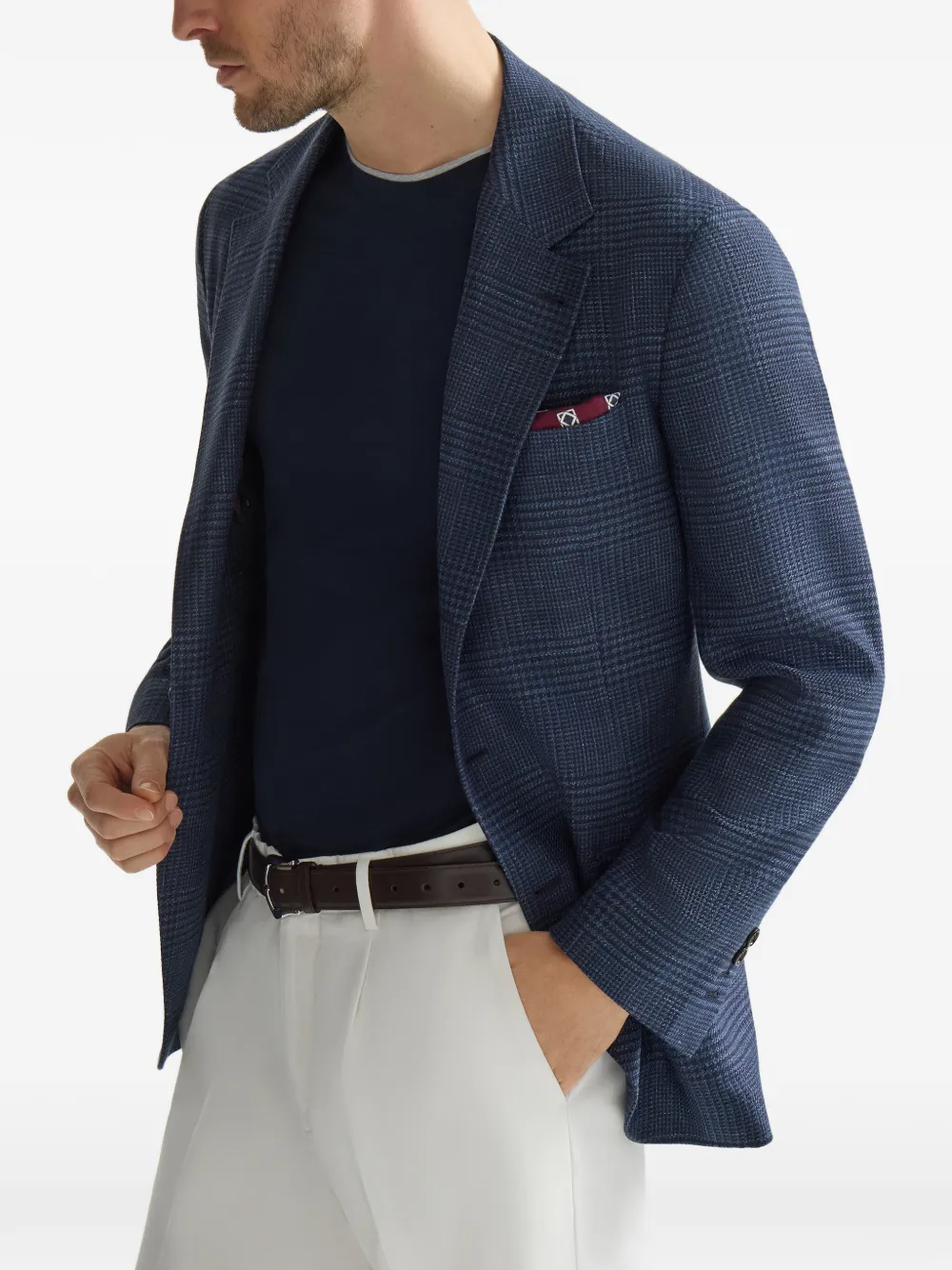 Brunello Cucinelli Prince of Wales gedecontrueerde blazer van wol- zijde- en linnenblend Blauw