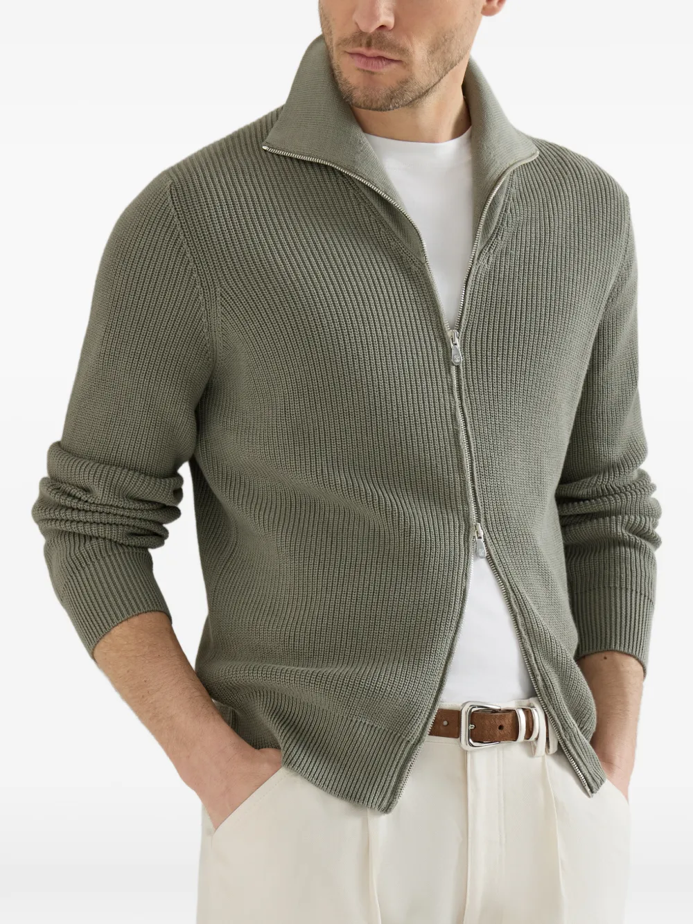 Brunello Cucinelli Katoenen geribbeld vest met rits Groen