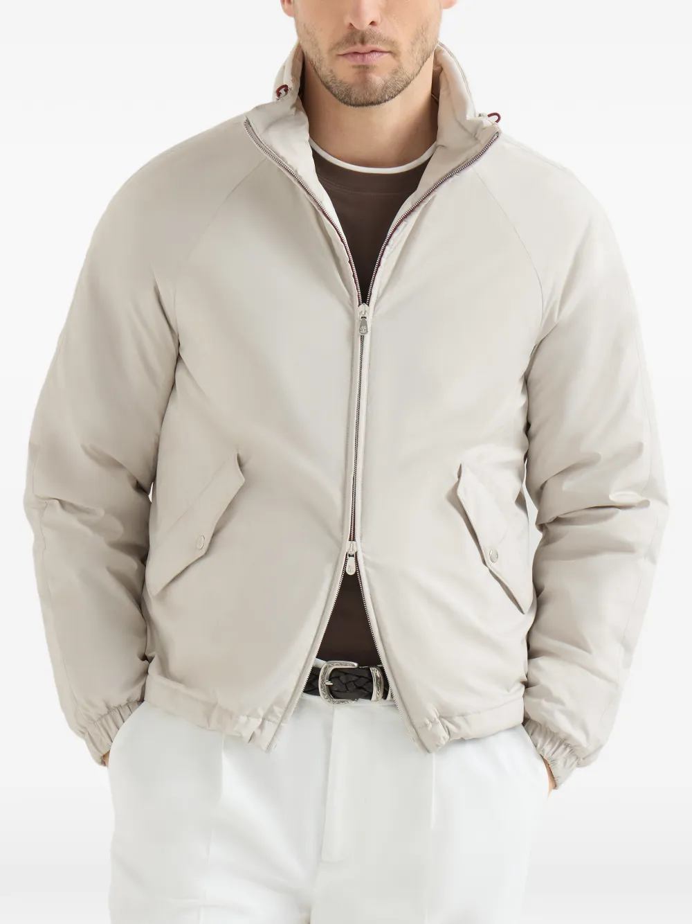 Brunello Cucinelli Lichtgewicht nylon jack met inpakbare capuchon Beige