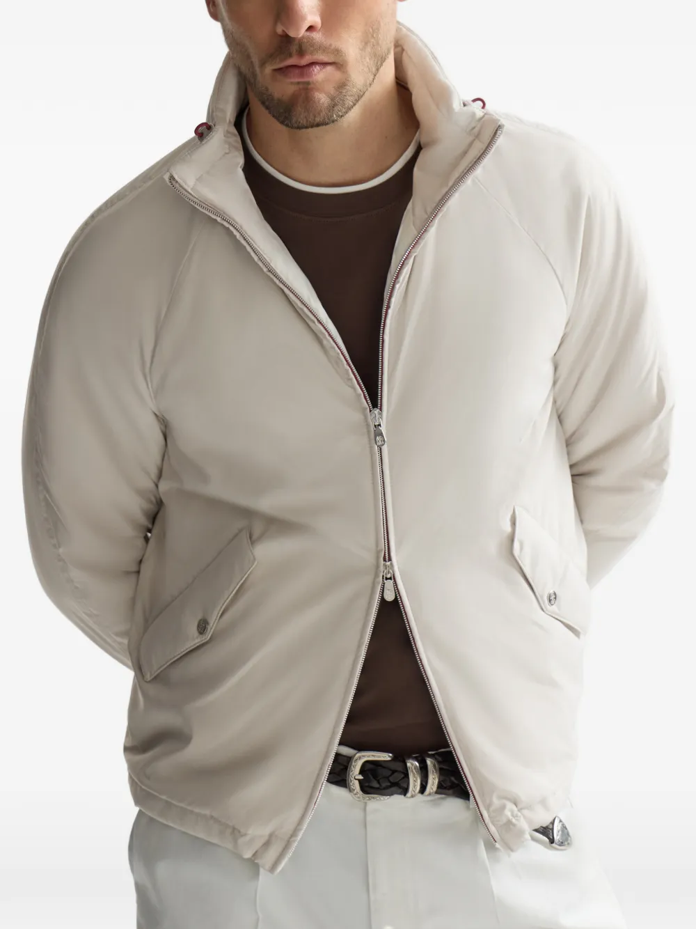 Brunello Cucinelli Lichtgewicht nylon jack met inpakbare capuchon Beige