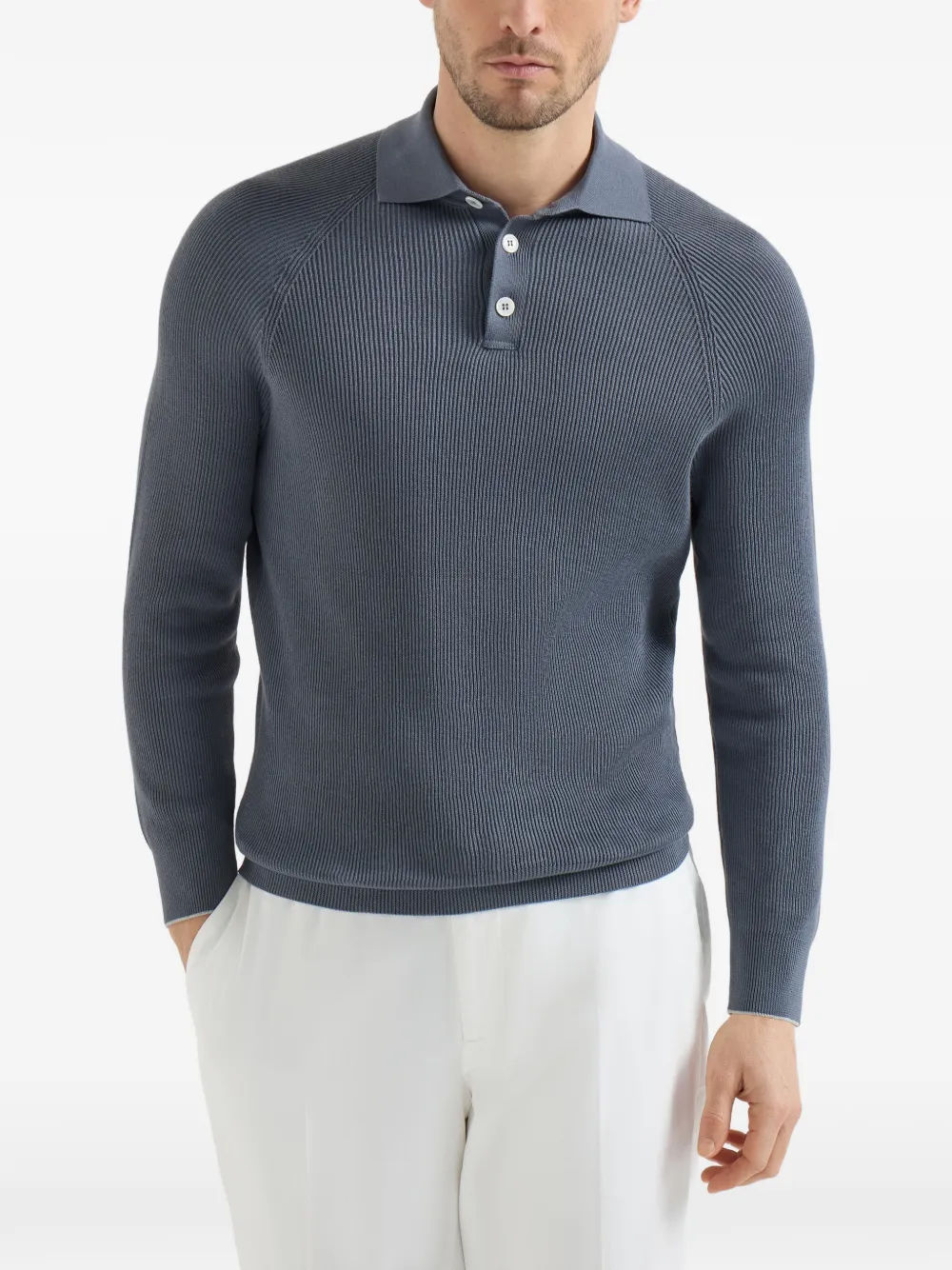 Brunello Cucinelli Katoenen Engels ribgebreid poloshirt met lange raglan mouwen Blauw