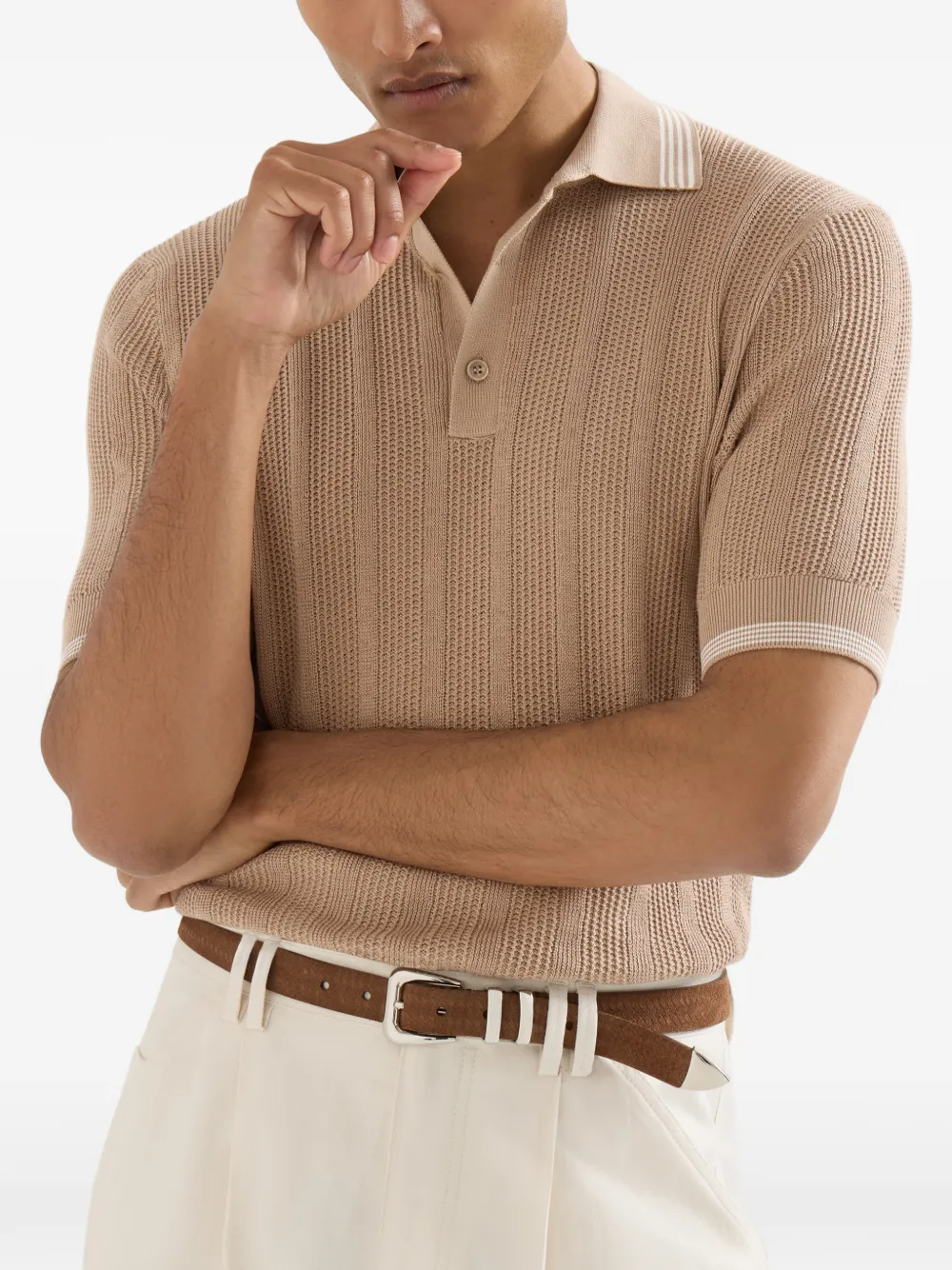Brunello Cucinelli Katoenen ribgebreide poloshirt met textuur Bruin