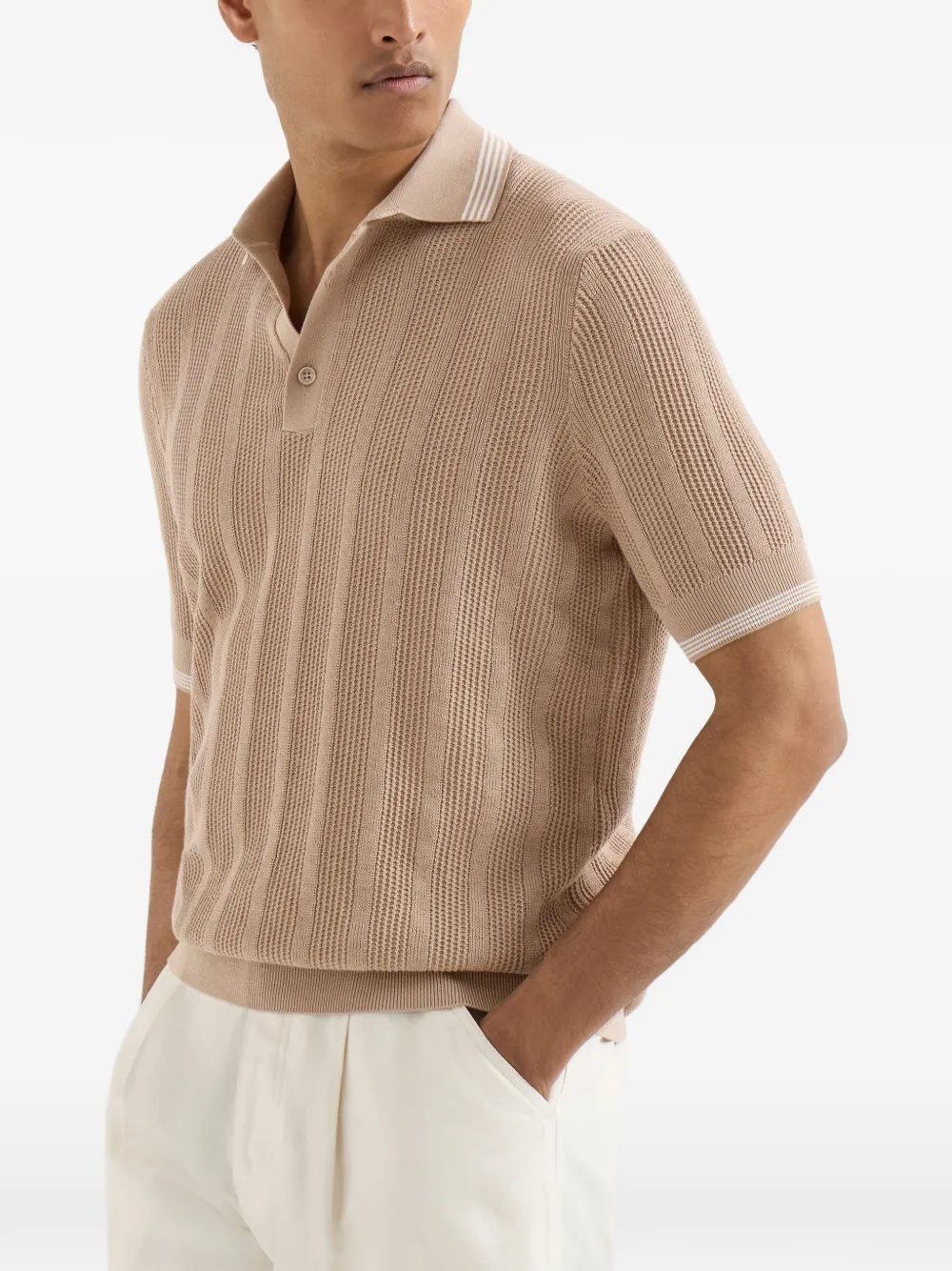 Brunello Cucinelli Katoenen ribgebreide poloshirt met textuur Bruin