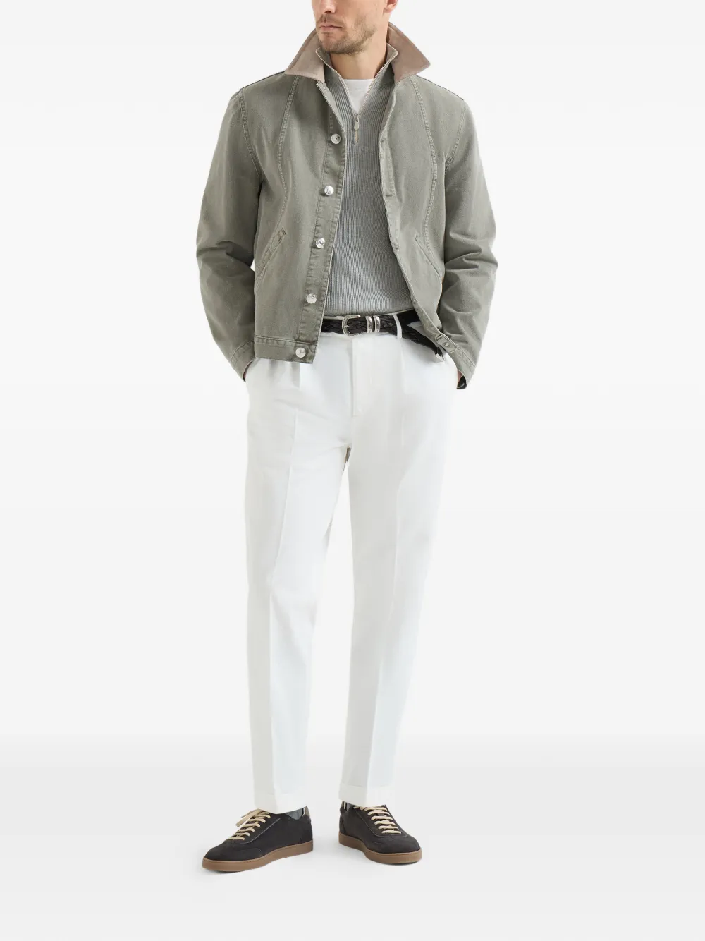 Brunello Cucinelli Katoenen ribgebreide trui met raglan mouwen en halve rits Grijs