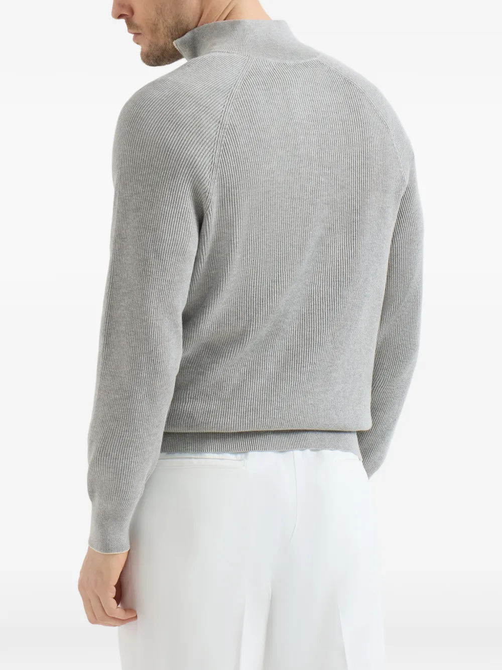 Brunello Cucinelli Katoenen ribgebreide trui met raglan mouwen en halve rits Grijs
