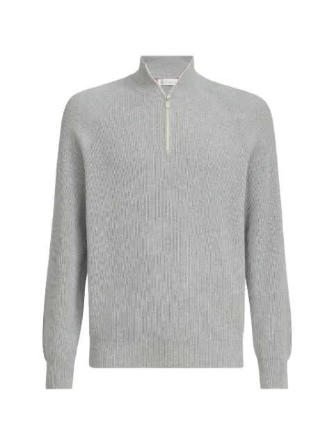 Brunello Cucinelli  cotton English rib sweater with half zip and raglan sleeves