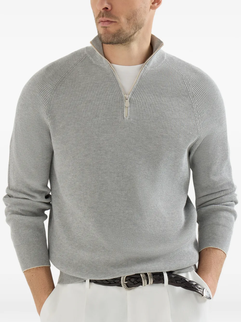 Brunello Cucinelli Katoenen ribgebreide trui met raglan mouwen en halve rits Grijs