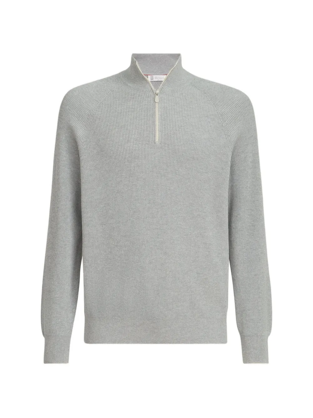 Brunello Cucinelli Katoenen ribgebreide trui met raglan mouwen en halve rits Grijs