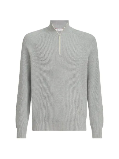 Brunello Cucinelli Maglione in cotone a mezza costa inglese con mezza zip e maniche raglan