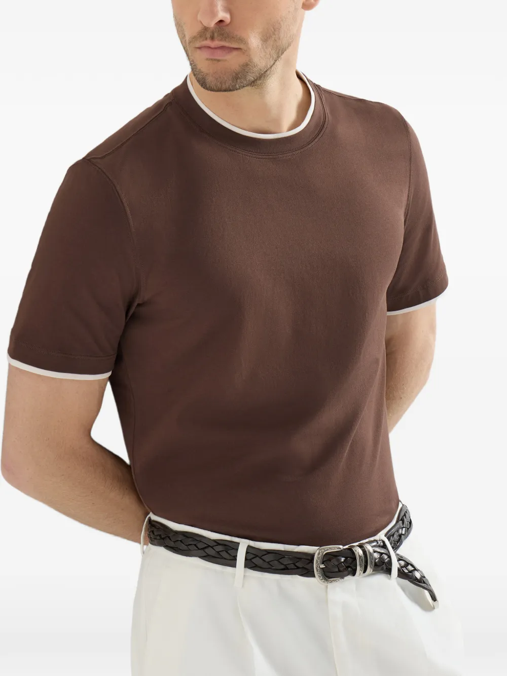 Brunello Cucinelli Katoenen jersey T-shirt met imitatielaag en ronde hals Bruin