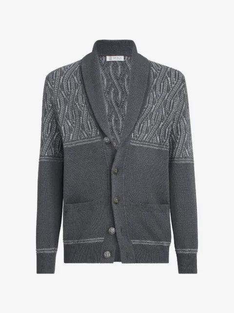 Brunello Cucinelli cotton shawl-collar cardigan with jacquard cable shoulder