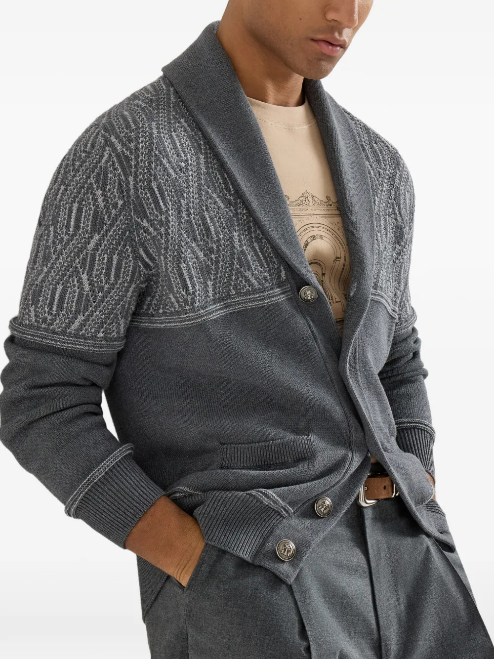 Brunello Cucinelli Katoenen vest met sjaalkraag en jacquard op de schouder Grijs