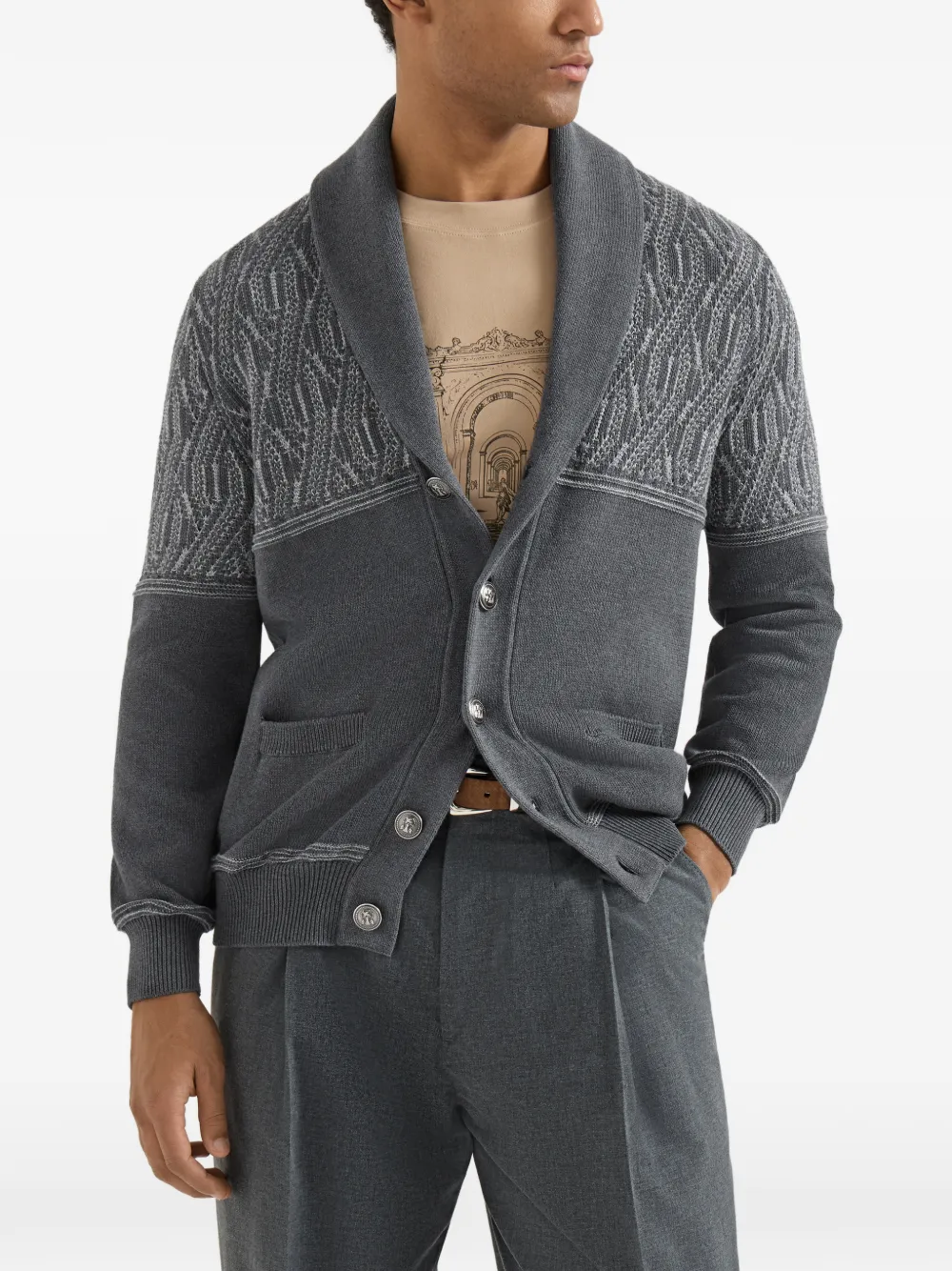 Brunello Cucinelli Katoenen vest met sjaalkraag en jacquard op de schouder Grijs