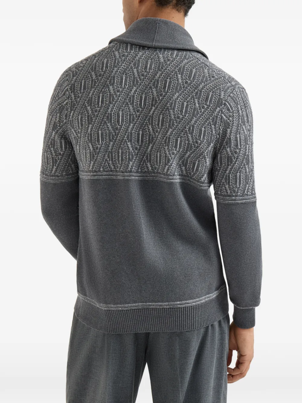 Brunello Cucinelli Katoenen vest met sjaalkraag en jacquard op de schouder Grijs
