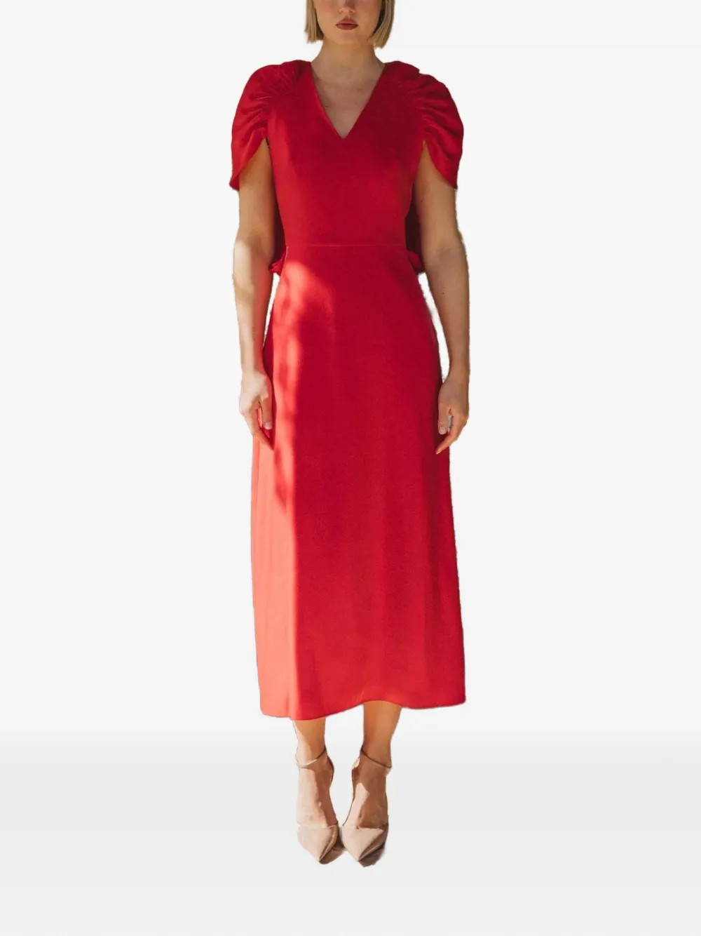 CHERUBINA Lux ruched-sleeve V-neck midi dress - Rot