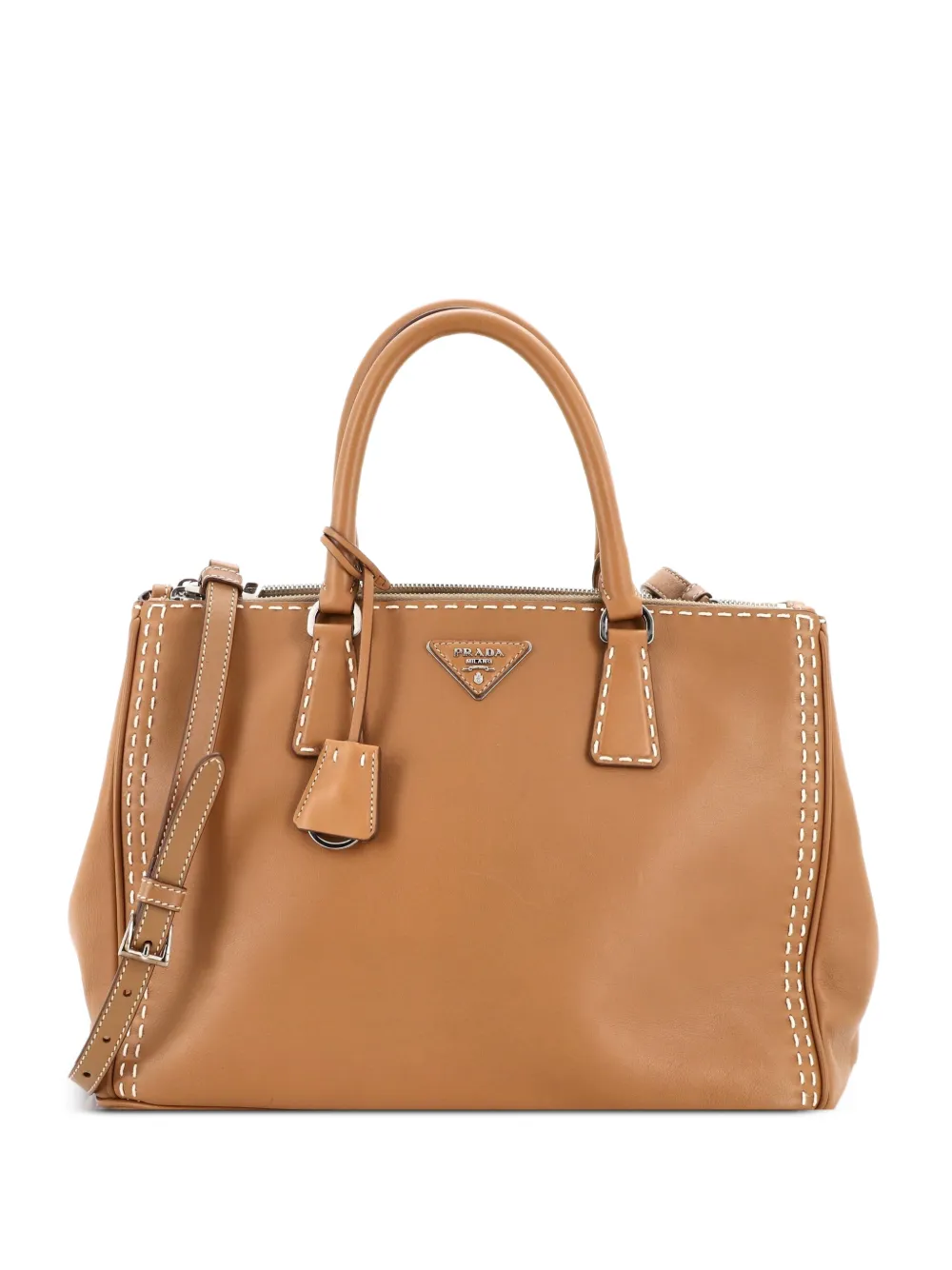 Prada Pre-Owned Galleria Double Zip Tote Stitched Leather Medium crossbody bag - Marrone