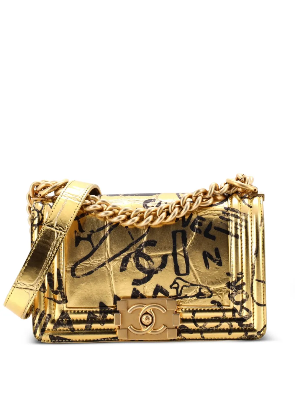 CHANEL Pre-Owned Borsa a spalla Boy Flap Bag Graffiti piccola in pelle di vitello effetto coccodrillo - Oro