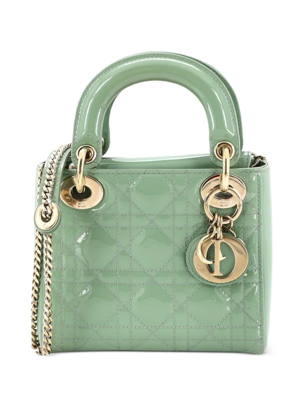 Christian Dior Pre-Owned Borsa a tracolla Lady Dior mini in pelle verniciata trapuntata con motivo Cannage e catena - Verde