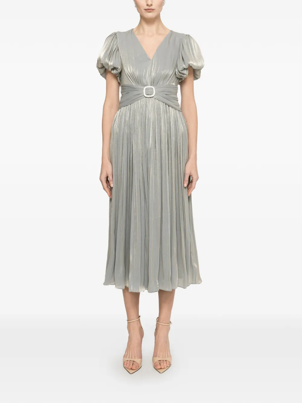 NISSA crystal-detail pleated midi dress - Grigio