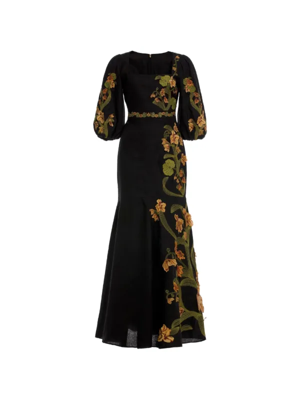 Agua by Agua Bendita Clavel Cordillera Floral Embroidery Maxi Dress in Black
