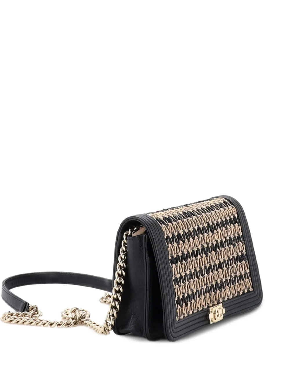 CHANEL Pre-Owned Boy Wallet on Chain Chevron Woven Raffia and Leather shoulder bag - Nero