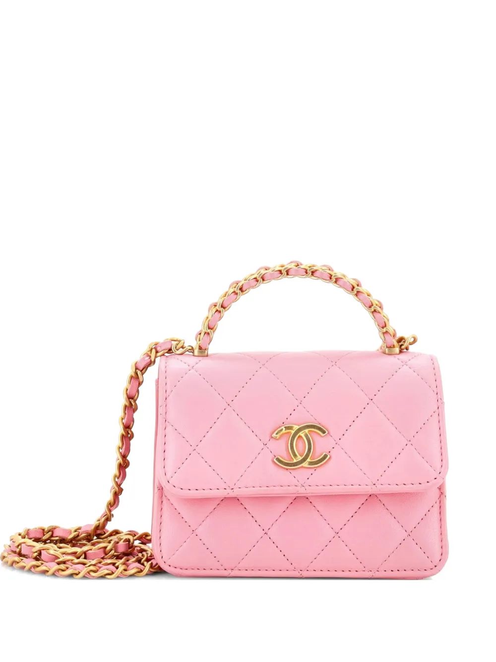 CHANEL Pre-Owned Woven Top Handle CC Flap Clutch on Chain Quilted Lambskin Small satchel - Rosa