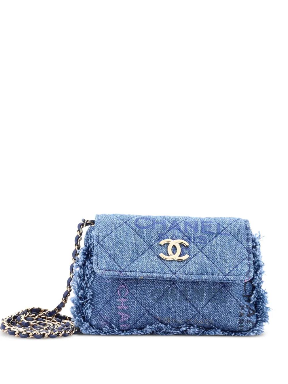 CHANEL Pre-Owned Denim Mood Flap Clutch with Chain Logo Printed Quilted Fringe Denim crossbody bag - Blu