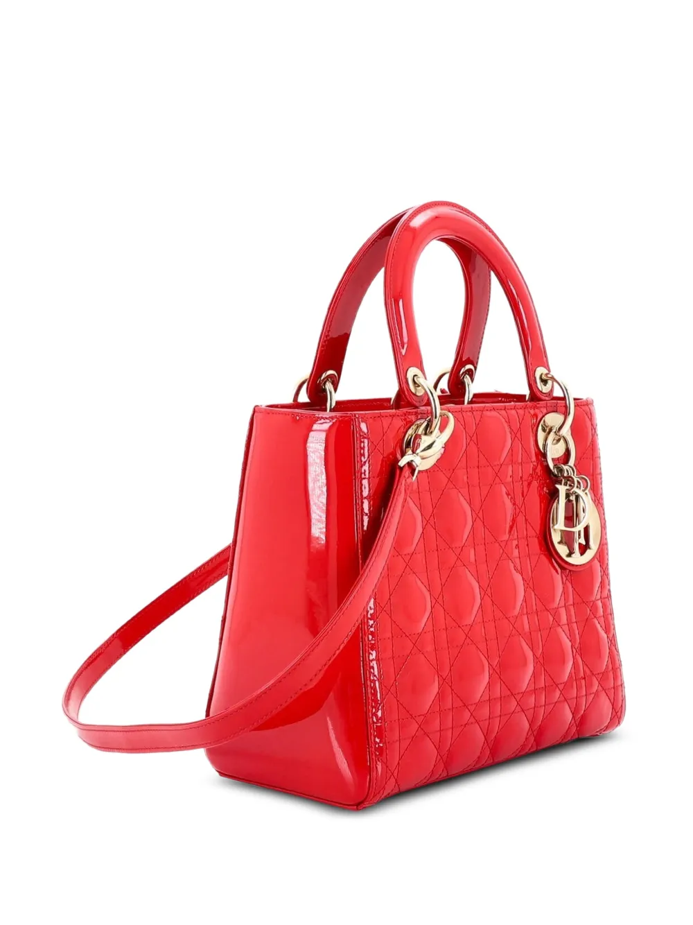  Christian Dior Pre-owned Sac à Main Lady Dior Format Moyen Matelassé Cannage Et Verni - Rouge 
