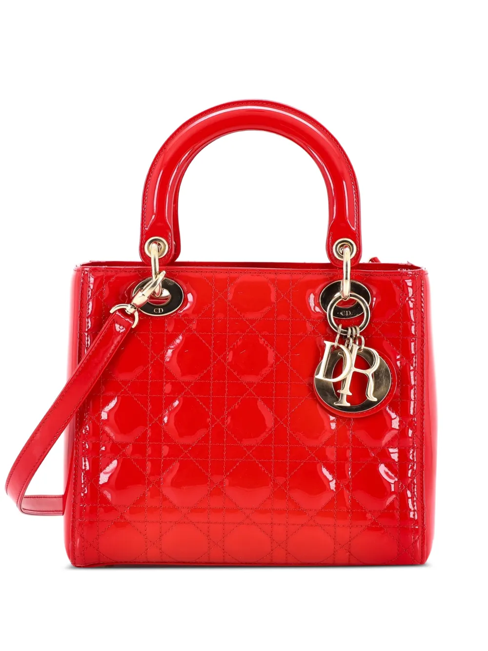 Christian Dior Pre-Owned Lady Dior Bag Cannage Quilt Patent Medium satchel - Rosso