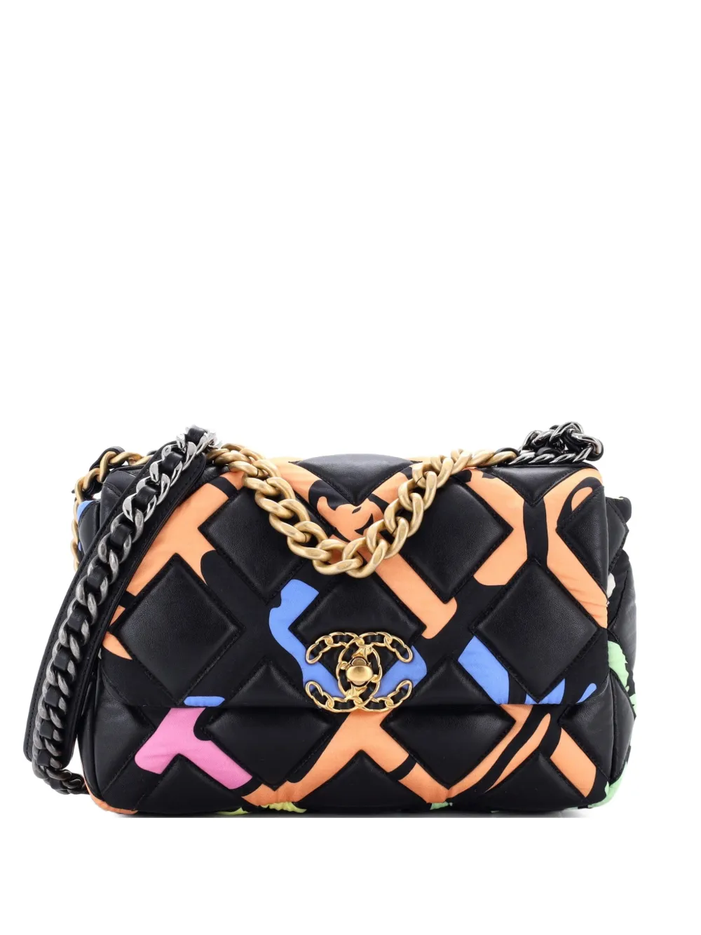 CHANEL Pre-Owned 19 Flap Bag Quilted Lambskin and Printed Silk Medium shoulder bag - Nero