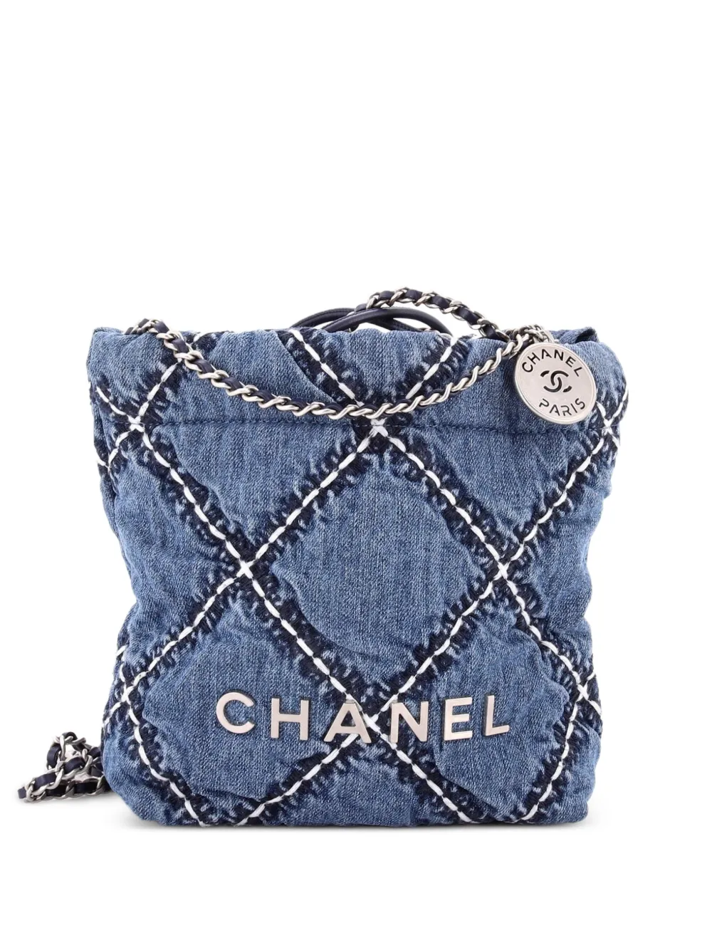 CHANEL Pre-Owned 22 Chain Quilted Stitched Denim Mini hobo bag - Blu