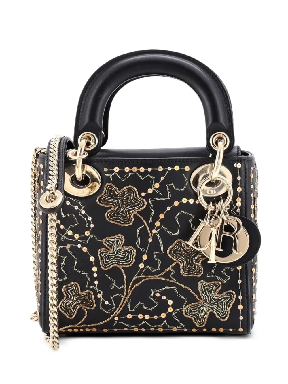 Christian Dior Pre-Owned Lady Dior Chain Bag Embroidered Calfskin Mini satchel - Black