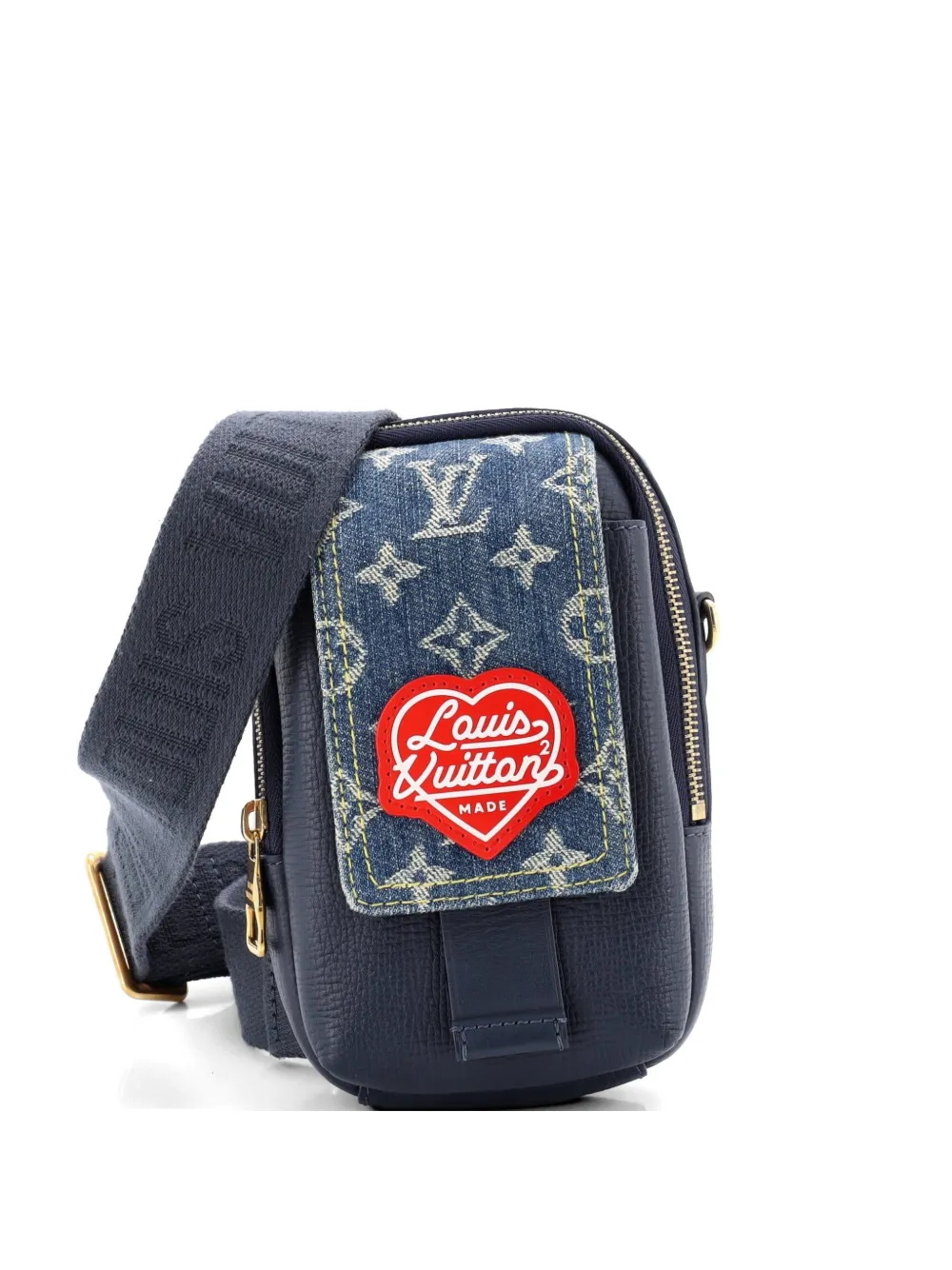 Pre-owned Louis Vuitton Nigo Flap Double Phone Pouch Monogram Denim And Taurillon Leather Crossbody Bag In Blue