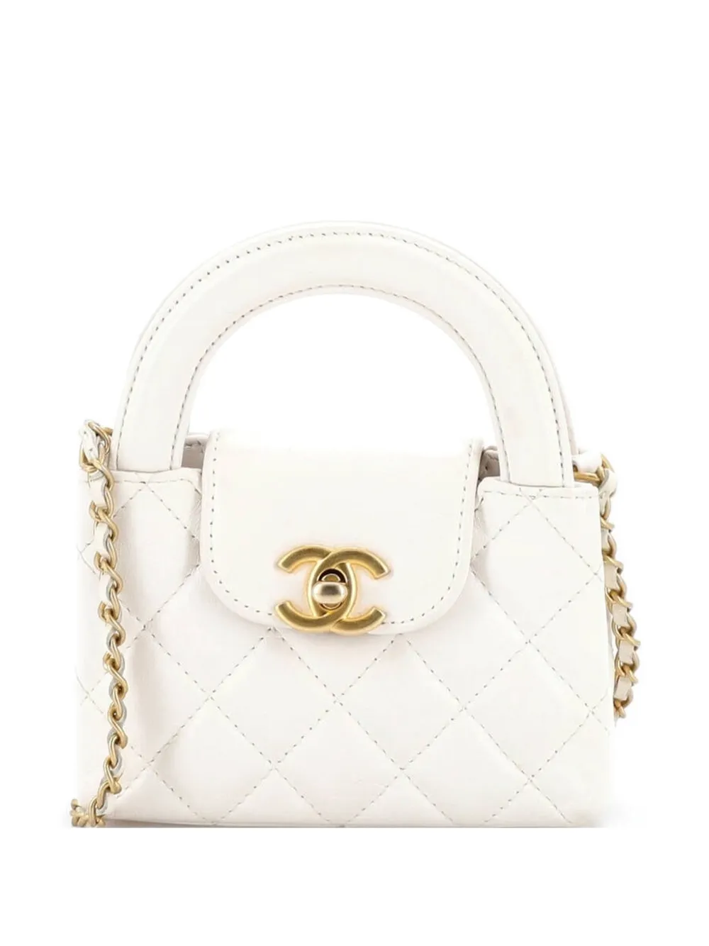 CHANEL Pre-Owned Kelly Top Handle Shopping Bag Quilted Shiny Aged Calfskin Nano crossbody bag - Bianco