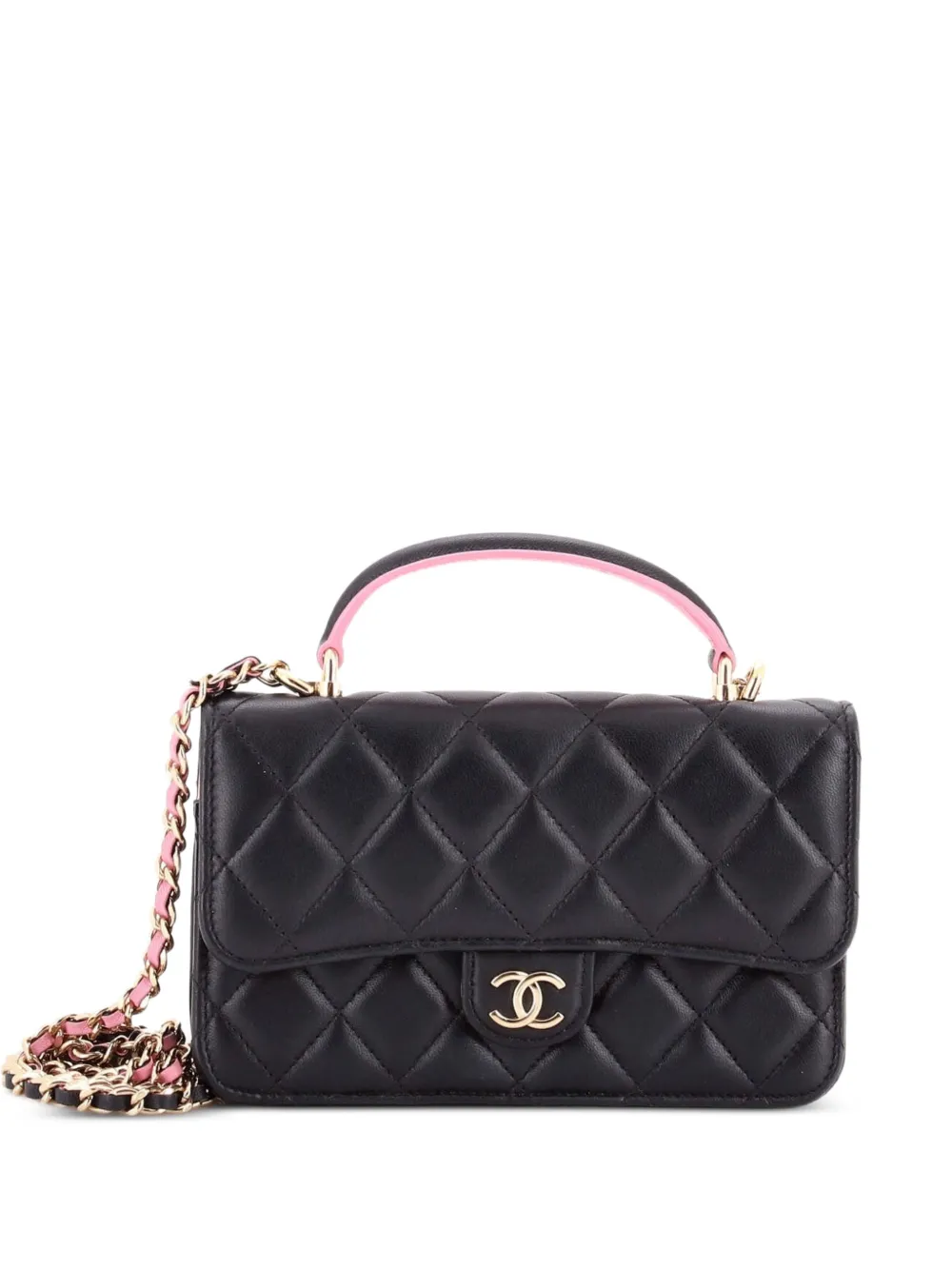 CHANEL Pre-Owned Classic Top Handle Flap Phone Holder with Chain Quilted Lambskin crossbody bag - Nero