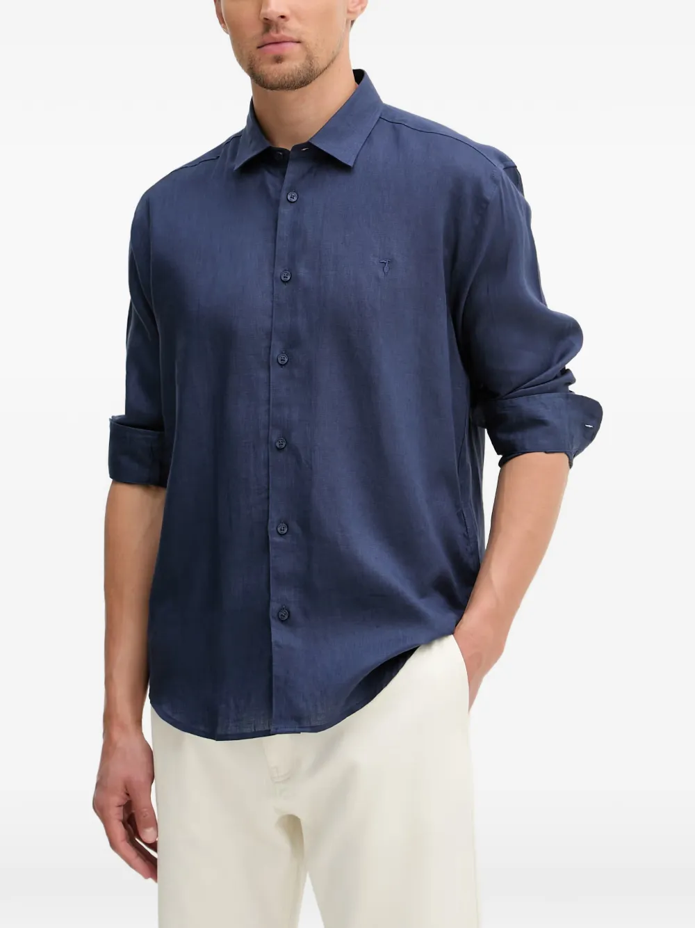 Trussardi logo-embroidered linen shirt - Blu