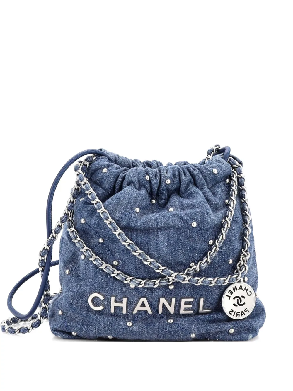 CHANEL Pre-Owned 22 Chain Quilted Studded Denim Mini hobo bag - Blu
