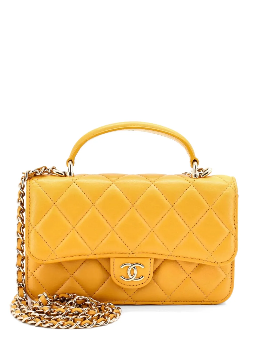 CHANEL Pre-Owned Classic Top Handle Flap Phone Holder with Chain Quilted Lambskin crossbody bag - Giallo